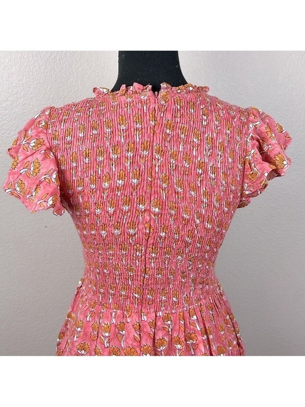 J. Marie Elena Smocked Dress Flutter Sleeves Floral Ruffle Pockets Prairie  S - Picture 6 of 13
